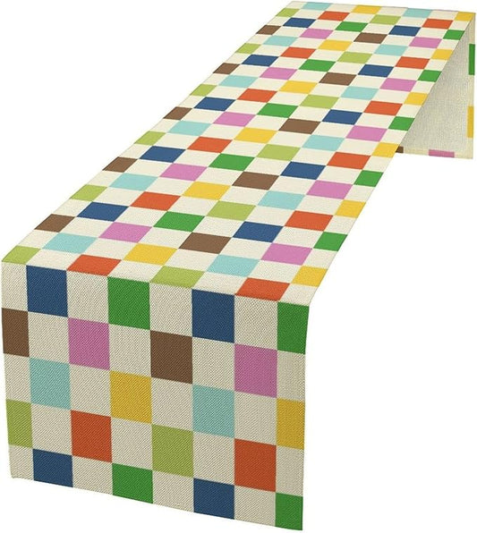 Colorful Checkered Table Runner, Vintage 60s 70s Cute Modern Geometric Table by Unknown