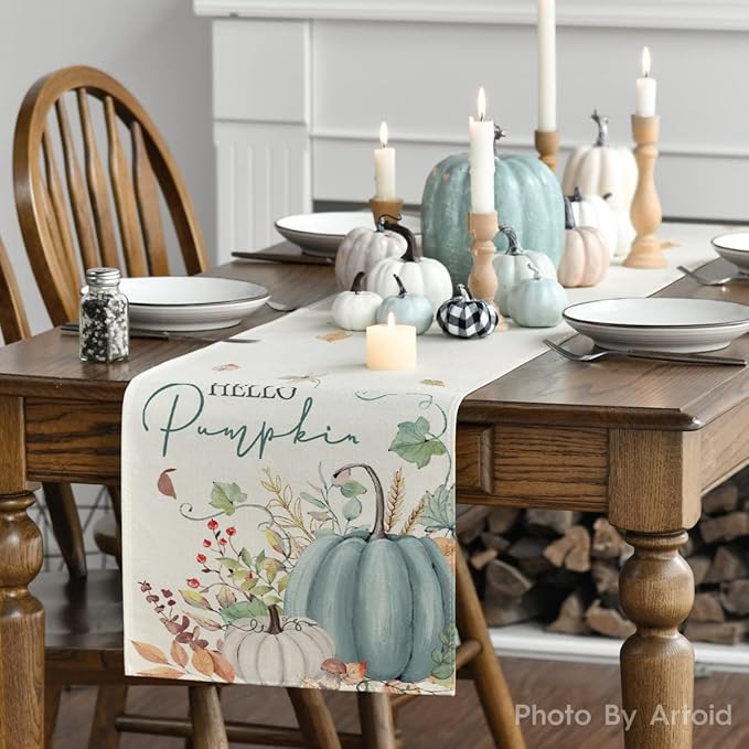 Artoid Mode Aqua Hello Pumpkin Leaves Fall Table Runner, Seasonal Autumn - Image 3