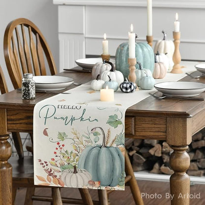 Artoid Mode Aqua Hello Pumpkin Leaves Fall Table Runner, Seasonal Autumn - Image 3