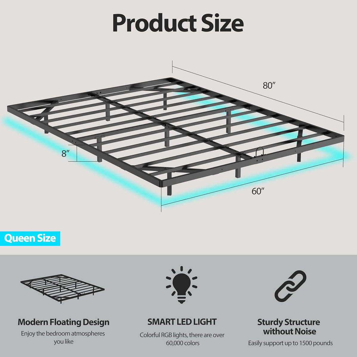 floating bed frame with smart led lights metal shown in use