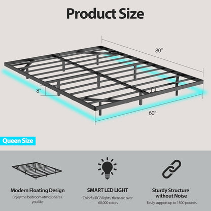 floating bed frame with smart led lights metal shown in use