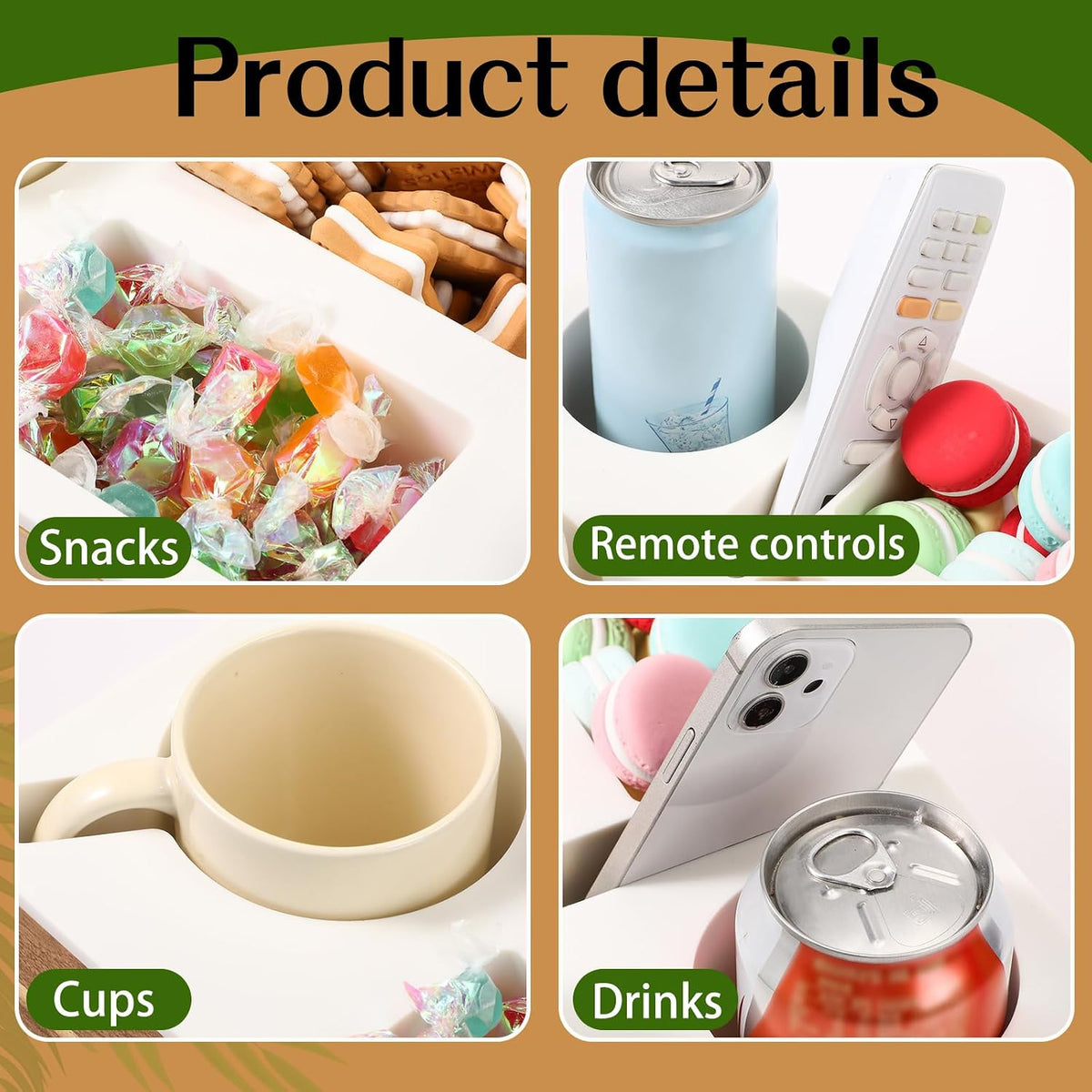 yerliker couch cup holder tray rectangle white acacia, close-up detail