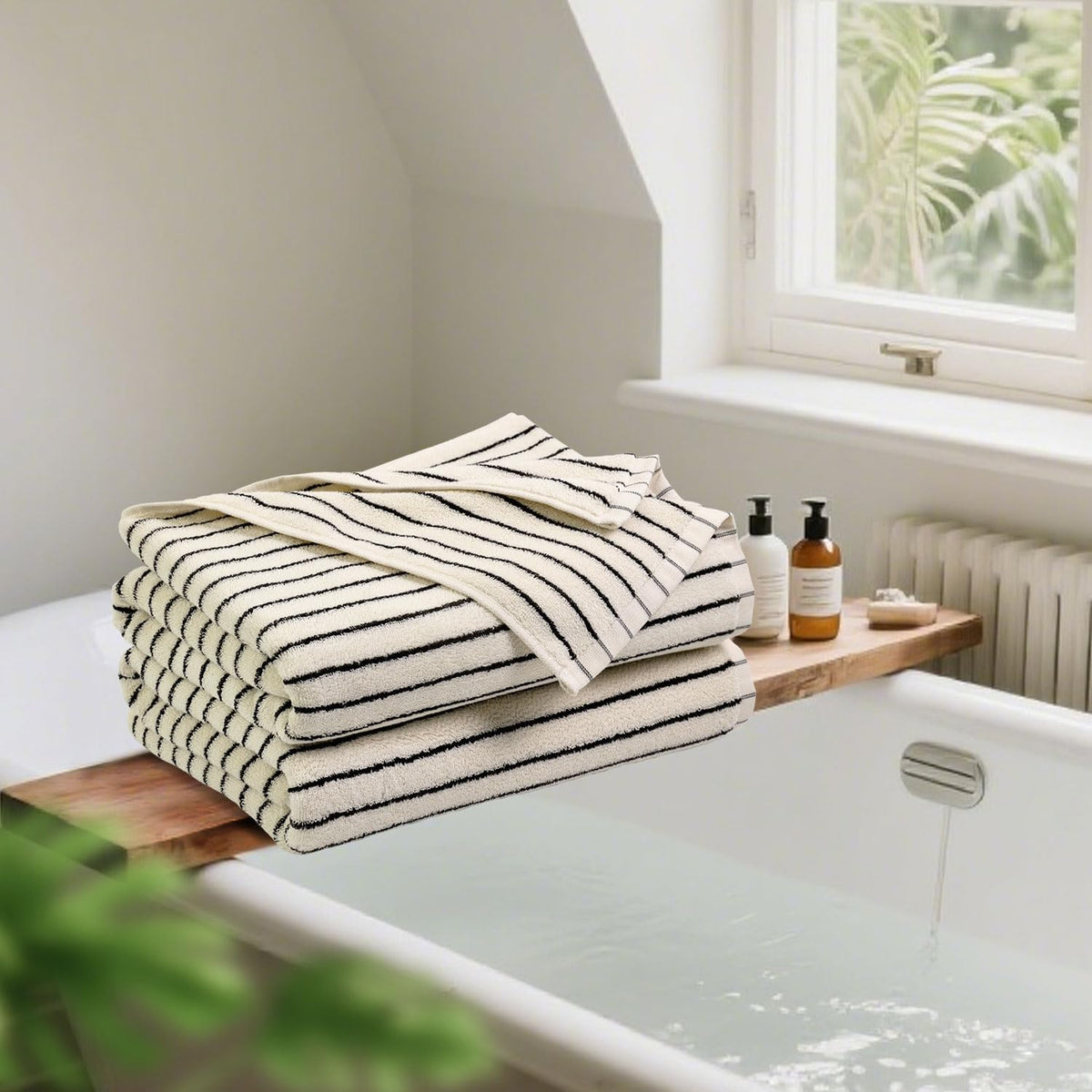 black and ivory striped bath towels set of, close-up detail