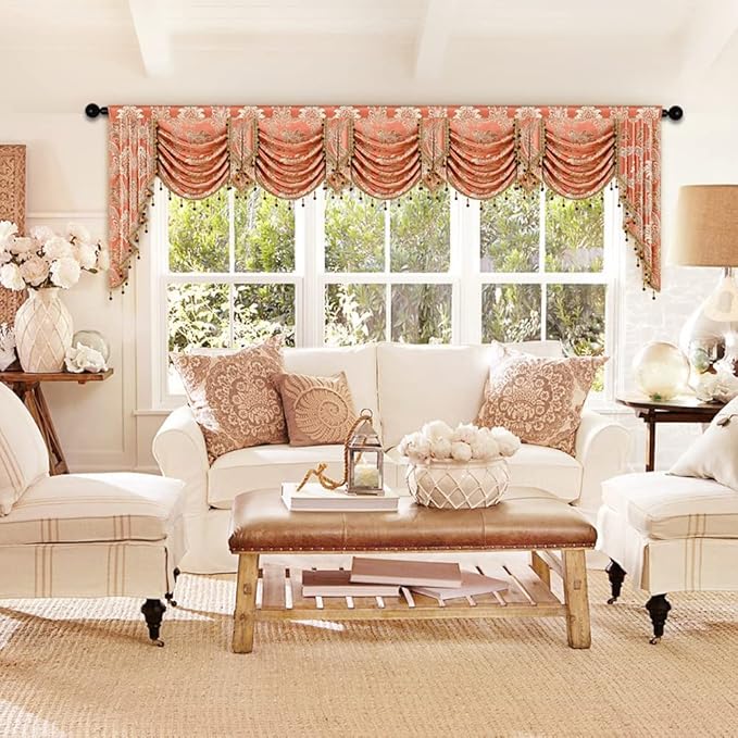 ELKCA Damask Coffee Jacquard Swag Waterfall Valance by ELKCA