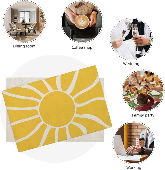 Yellow Sunshine Placemats Set of 4, Abstract Modern Sun Decorative Table Mat 12 - Image 8