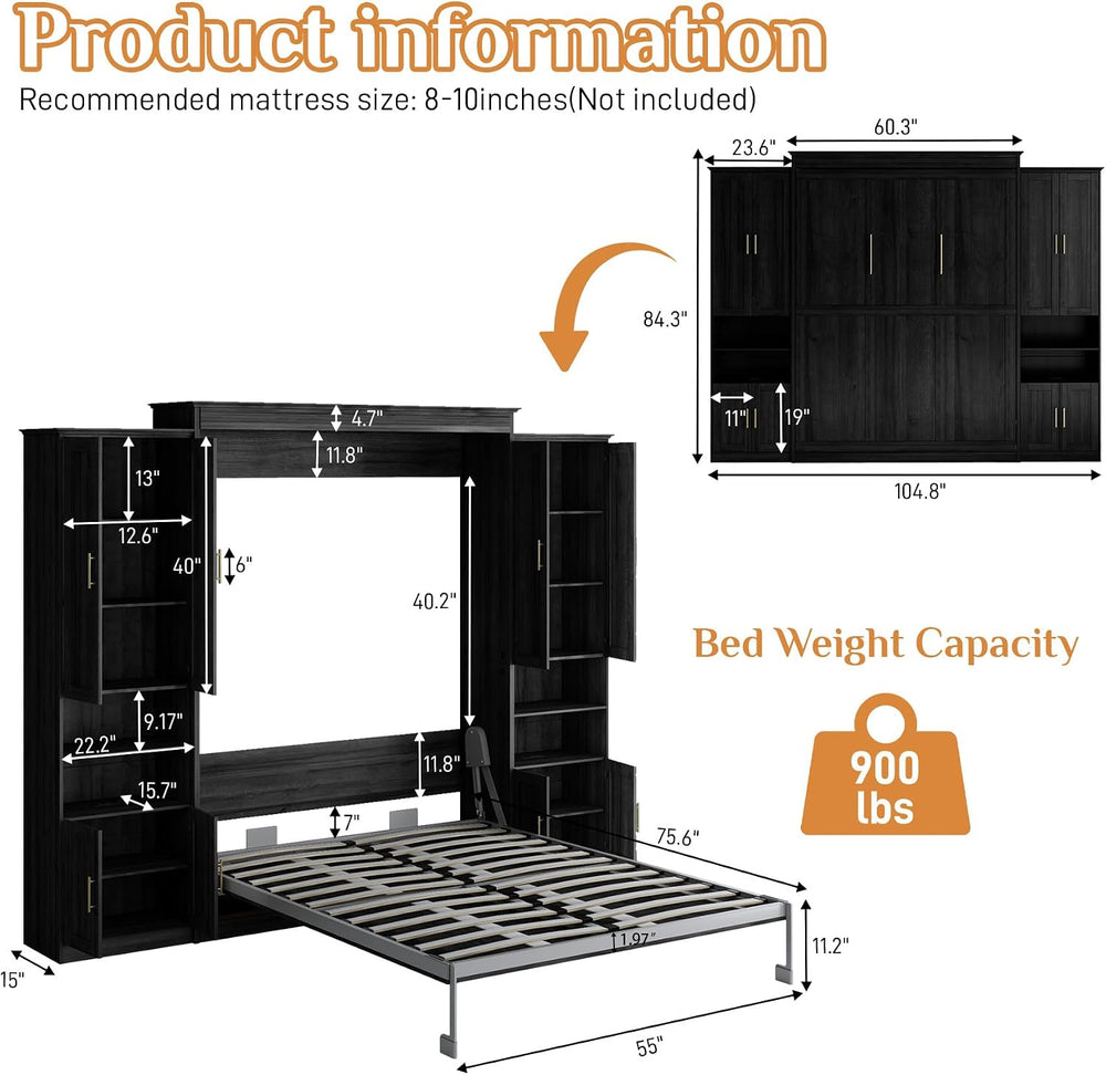 Rophefx Full Murphy Bed with 2 Side Cabinets, USB, Shelves,Black and Grey