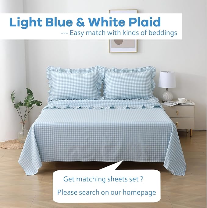 2 Pack Light Blue White Plaid Ruffle Gingham Throw Pillow Covers, 100% Washed - Image 2