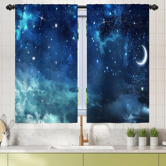 Renaiss 26 x 45 Inch Galaxy Small Kitchen Tier Curtains Space Nebula Cafe Half by Renaiss