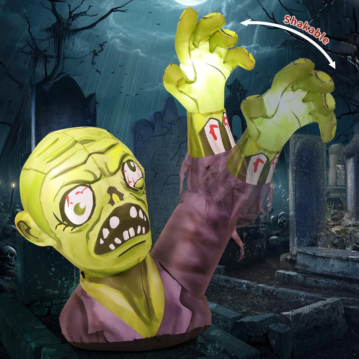 GOOSH 5.2 FT Halloween Inflatables Zombies Outdoor Decorations Blow Up Yard Terror Green Zombies Raise Hands with Built-in LEDs for Garden Lawn Indoor Decor