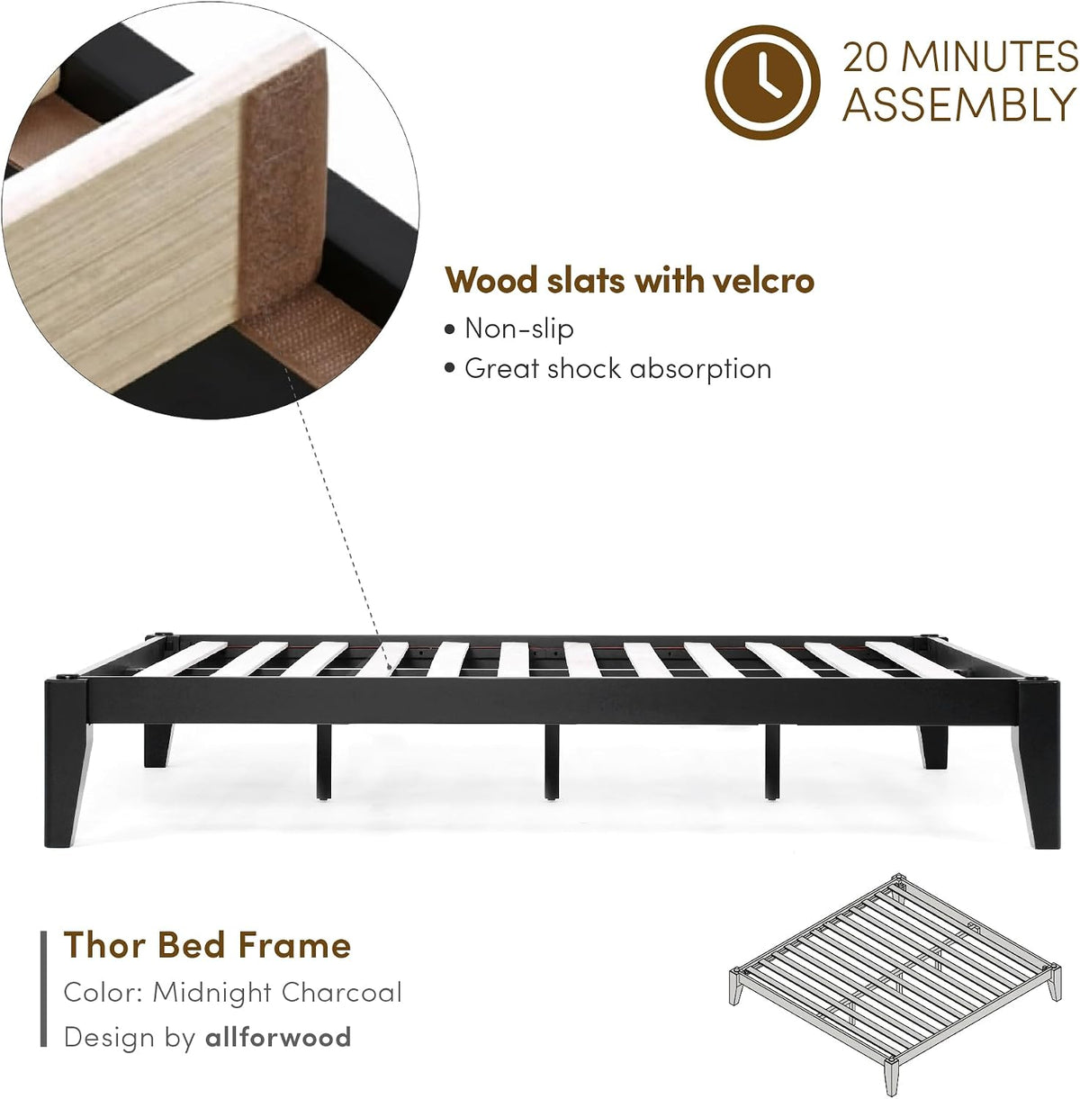 thor japanese joinery bed frame queen, solid wood, side view