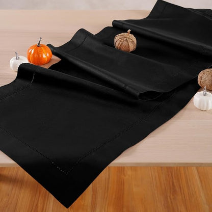 Home Ekaa Cotton Linen Black Table Runner 120 Inches Long – Washable Hemstitch - Image 2