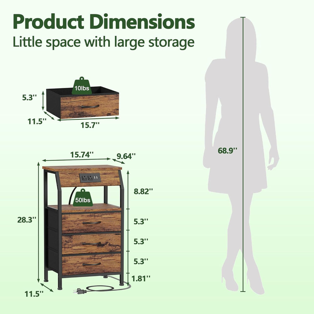 Furnulem Night Stand with Charging Station, 3 Fabric Drawers Bedside Table