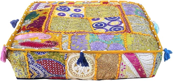CRAFT KALA Indian Square Patchwork Traditional Pouf Cover Indian Living Room by CRAFTKALA