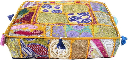 CRAFT KALA Indian Square Patchwork Traditional Pouf Cover Indian Living Room by CRAFTKALA