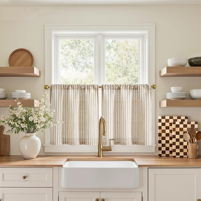 jinchan Striped Linen Kitchen Curtains 20 Inches Length Tier Curtains Farmhouse by JINCHAN