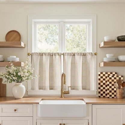 jinchan Striped Linen Kitchen Curtains 20 Inches Length Tier Curtains Farmhouse by JINCHAN