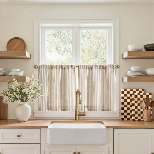 jinchan Striped Linen Kitchen Curtains 20 Inches Length Tier Curtains Farmhouse by JINCHAN