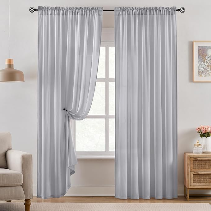 HOMEIDEAS Non-See-Through Light Grey Privacy Semi Sheer Curtains 96 Inches Long - Image 2