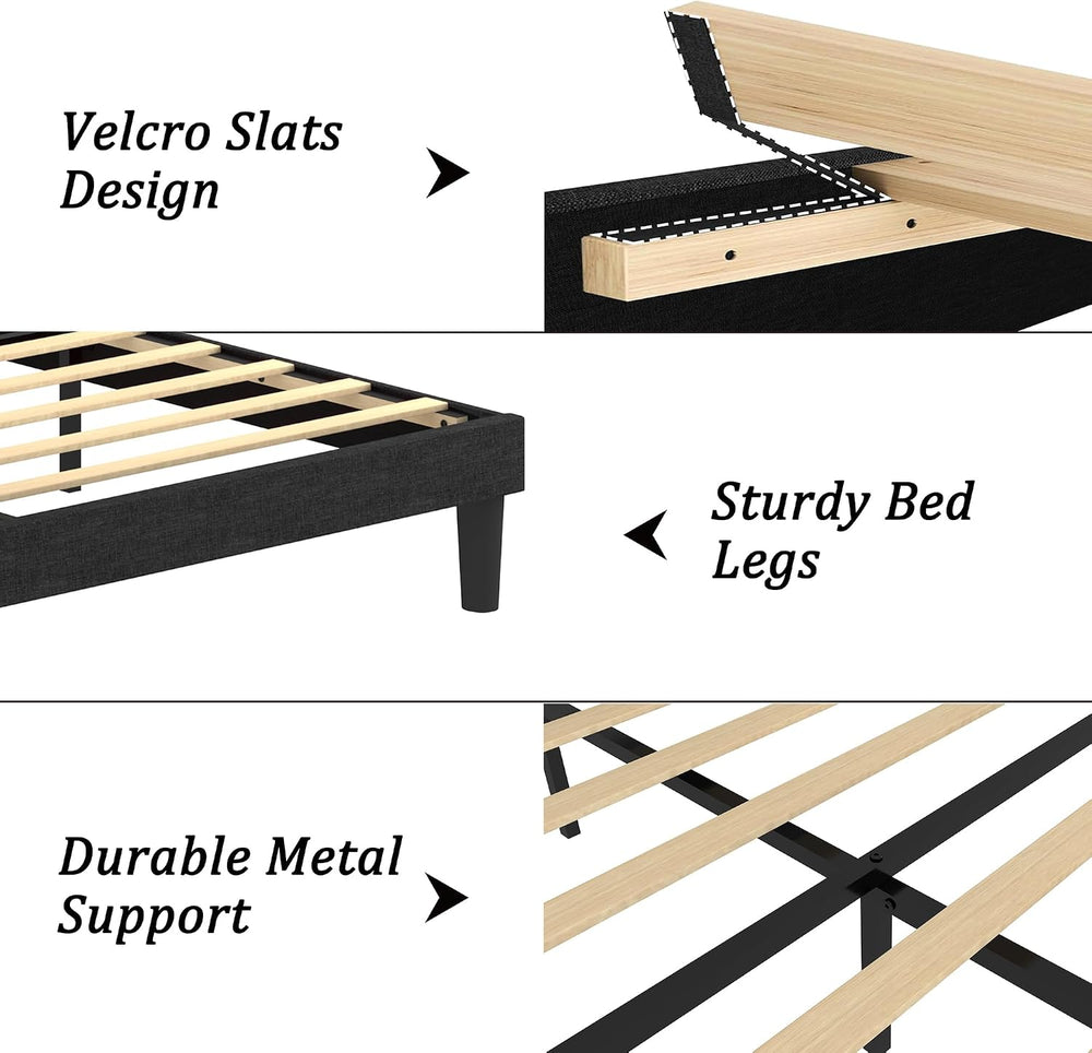 Queen Size Bed Frame with Upholstered Wingback Headboard, Easy Assemnly Platf...
