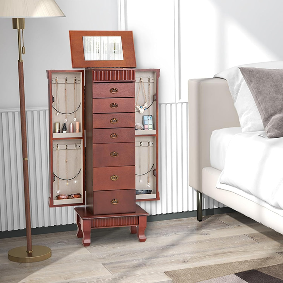 costway standing jewelry armoire, wooden jewelry storage chest, main product view