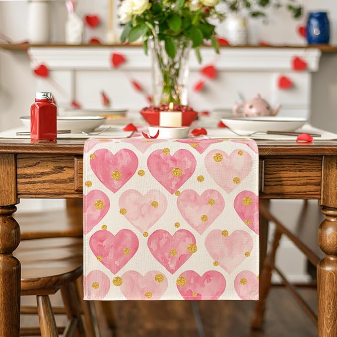 Artoid Mode Golden Pink Love Table Runner, Seasonal Anniversary Kitchen Dining - Image 2
