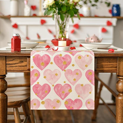 Artoid Mode Golden Pink Love Table Runner, Seasonal Anniversary Kitchen Dining - Image 2