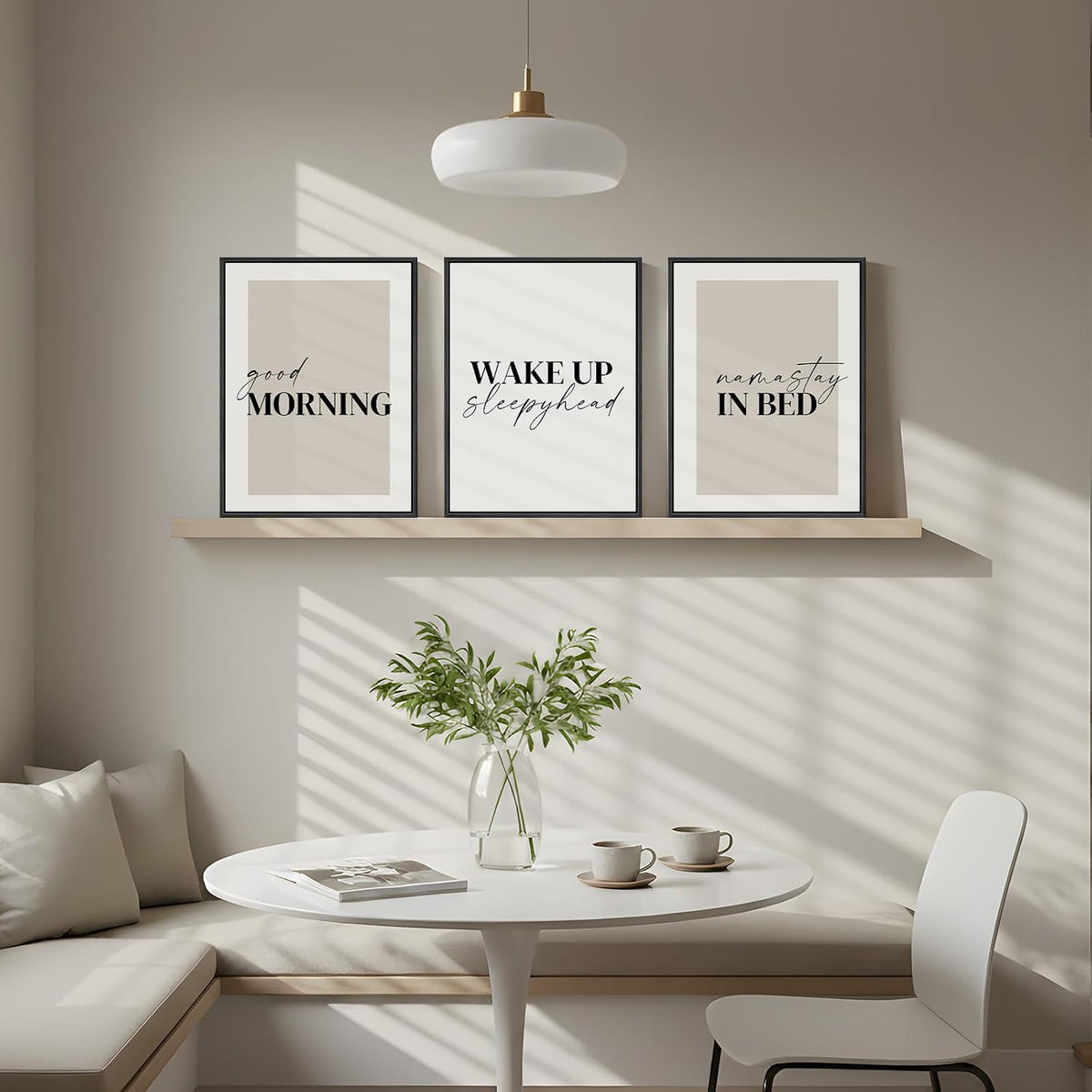 framed neutral 3 piece minimalist canvas wall art, side view