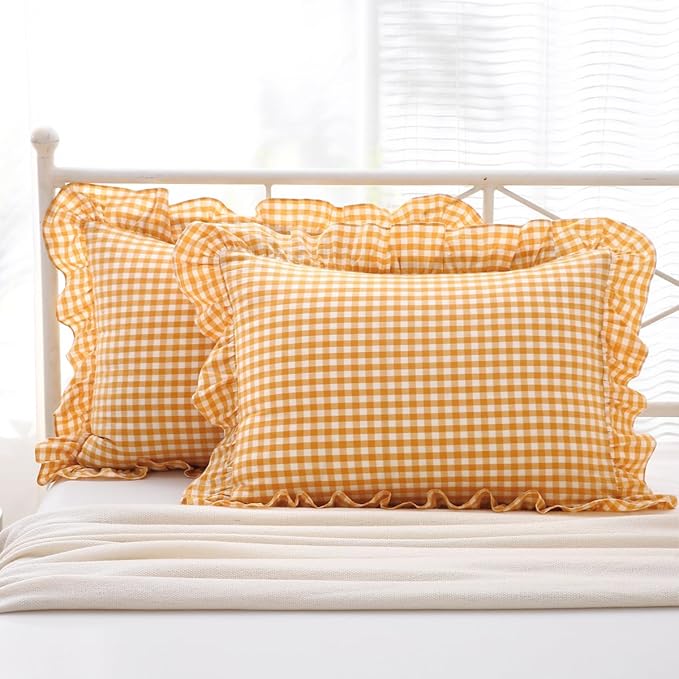 Yellow/White Plaid Ruffle Pillow Shams Standard Size Set of 2, Checkered Washed - Image 2