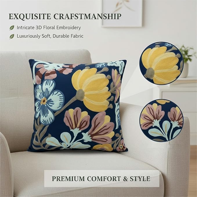 18x18 Embroidered Throw Pillow Covers Set – Blue Pumpkin Blossom Cotton - Image 4
