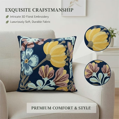 18x18 Embroidered Throw Pillow Covers Set – Blue Pumpkin Blossom Cotton - Image 4