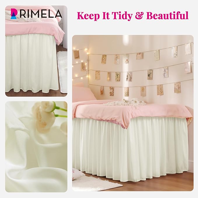 RIMELA Dorm Bed Skirt Twin XL 46 Inch Drop, Cream Bedskirt Solid Silky Fabric - Image 4