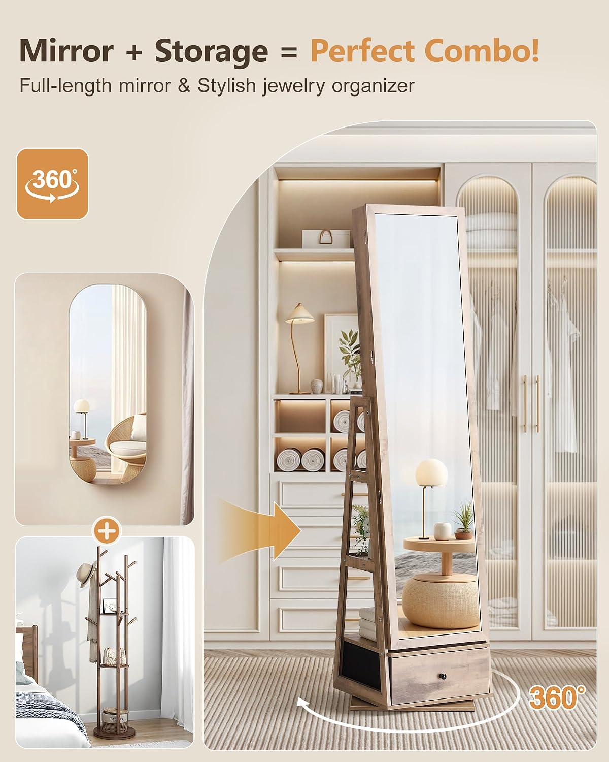 nicetree 360° swivel jewelry cabinet with lights, full showing dimensions