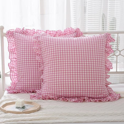 2 Pack Pink White Plaid Ruffle Euro Gingham Throw Pillow Covers, 100% Washed by KMASANIJI