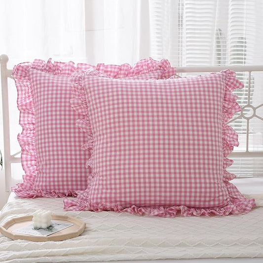 2 Pack Pink White Plaid Ruffle Euro Gingham Throw Pillow Covers, 100% Washed by KMASANIJI