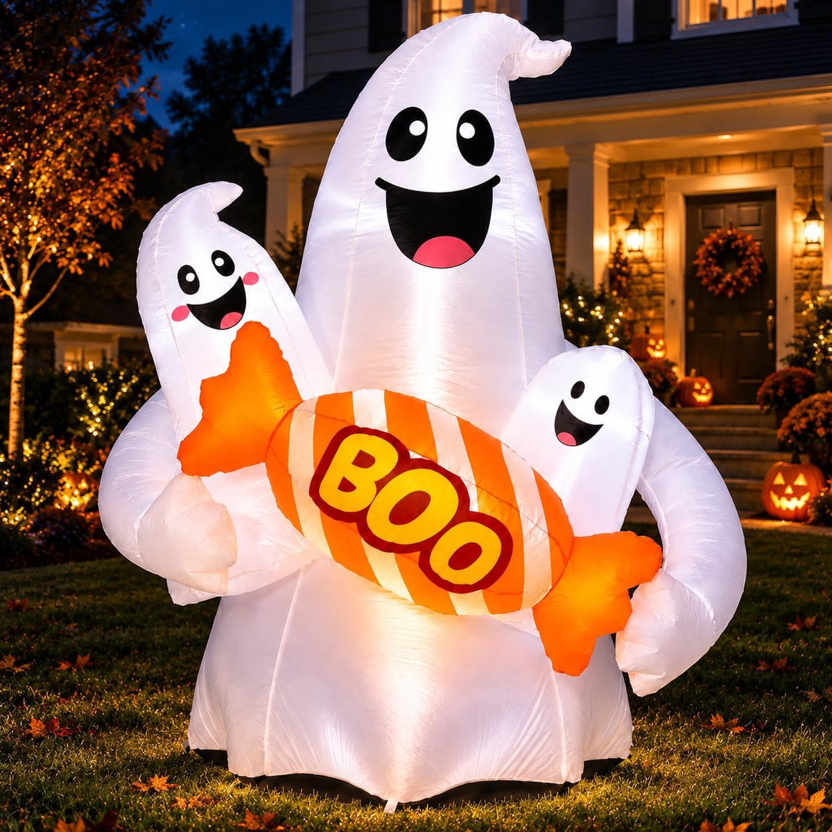 6FT Halloween Inflatable Ghosts Outdoor Decorations, Cute Ghosts Holding Boo Candy, Blow Up Yard Decoration with Bright LEDs & Stakes, Outdoor Decor for Lawn Garden Family Party