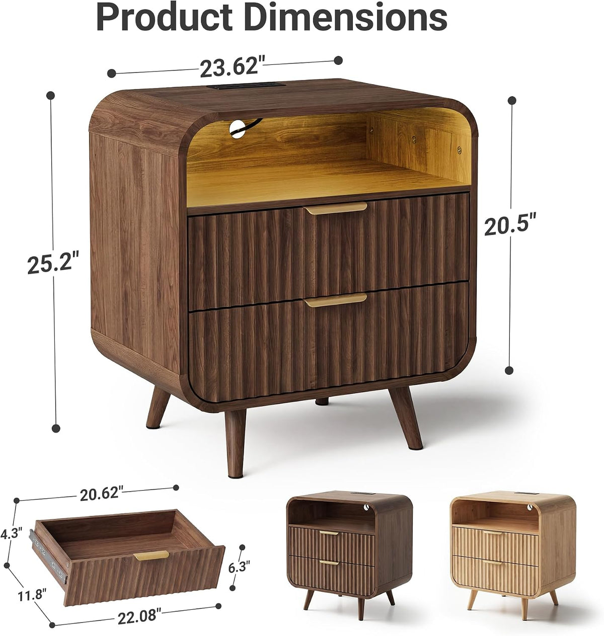 24" curved nightstand with charging station & led shown in use