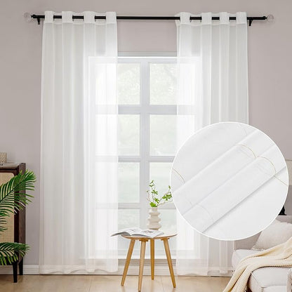 Foil Stripe White Sheer Curtains 84 inches Length 2 Panels by MISSTIAM
