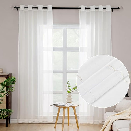 Foil Stripe White Sheer Curtains 84 inches Length 2 Panels by MISSTIAM
