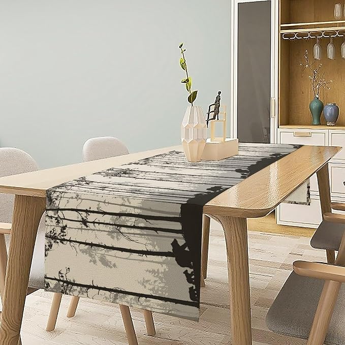 Retro Bear Table Runner, Rustic Foggy Forest Wild Animal Table Runner - Image 3