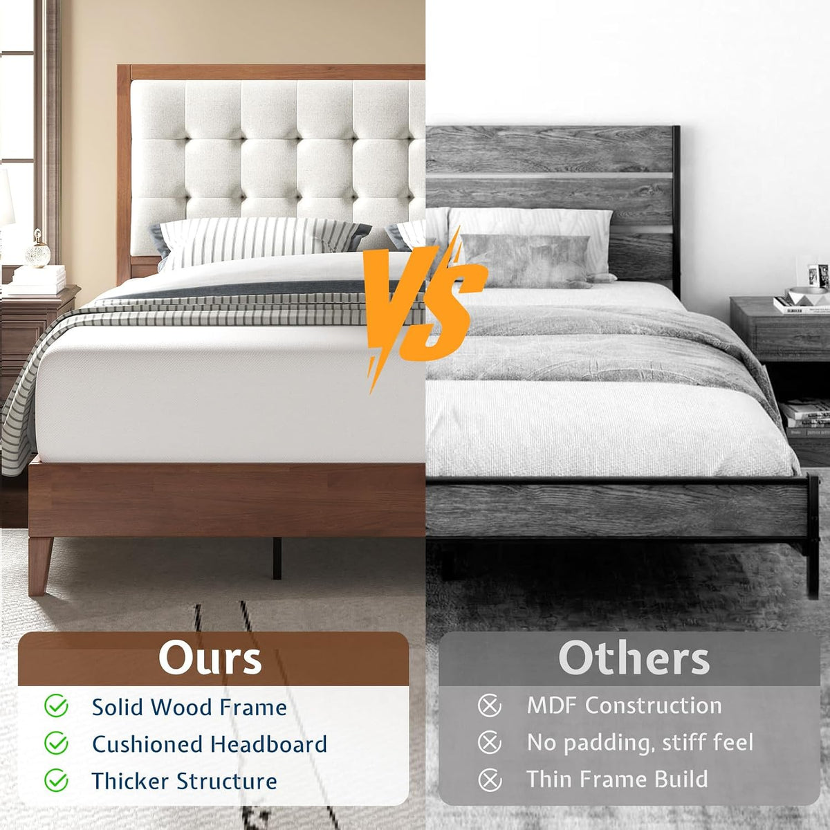 jocisland solid wood king bed frame, 50" tall, side view