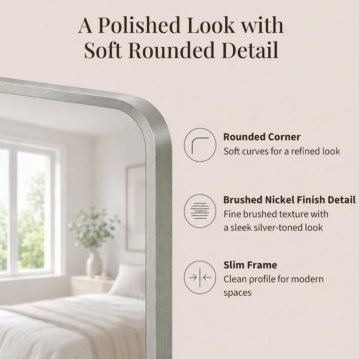 24x36 inch brushed nickel rounded rectangle bathroom vanity showing dimensions