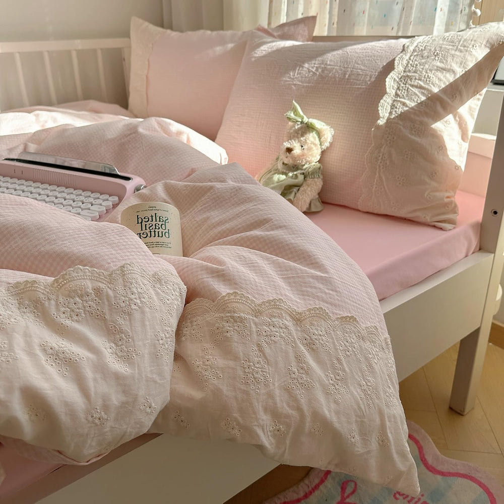 VM VOUGEMARKET Pink Full Comforter Set 3 Pieces Romantic Lace Bedding Set Sim...