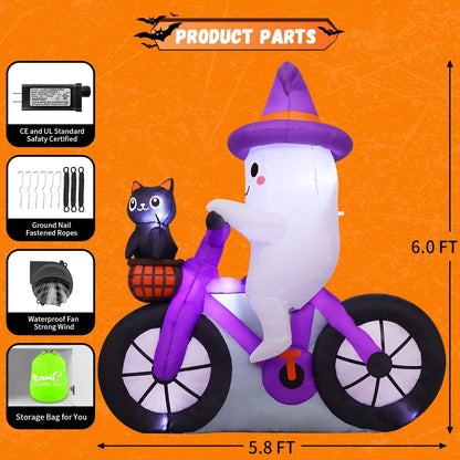 COMIN 5FT Halloween Inflatables Ghost Bike Black Cat Yard Decor with LEDs