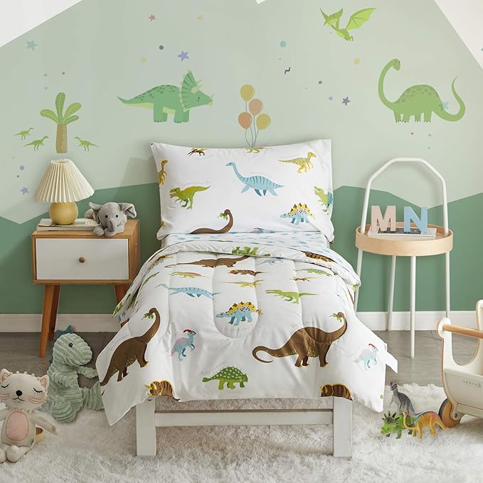 4 Pieces Toddler Bedding Set Dinosaur White by Uozzi+Bedding