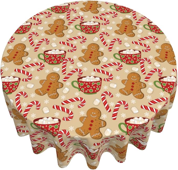 Christmas Tablecloth Round 60×60 Inch, Gingerbread Man Candy Cane Holiday - Image 5