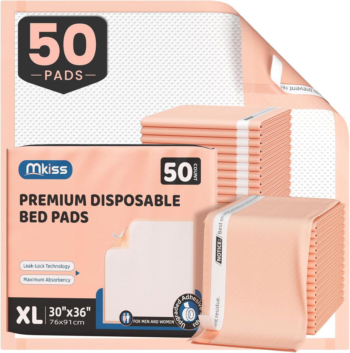 mkiss bed pads with adhesive strip 30"x36", thick, main product view