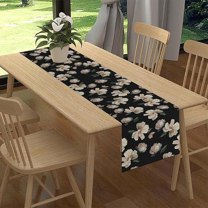 Dark Floral Table Runner, Abstract White Flower Seasonal Coffee Table Center - Image 2