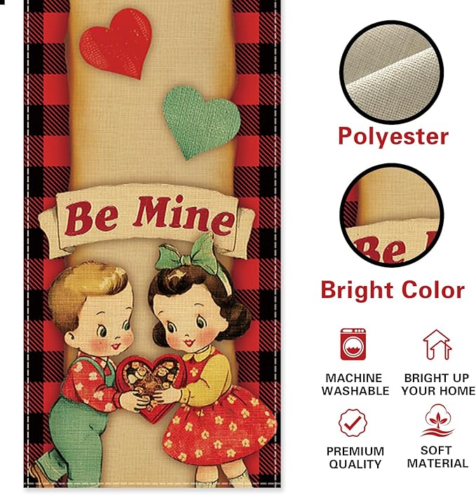 Vintage Valentines Day Kids Dining Table Runner, Retro Boy Girl Red Blue Love - Image 2