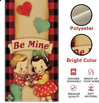 Vintage Valentines Day Kids Dining Table Runner, Retro Boy Girl Red Blue Love - Image 2