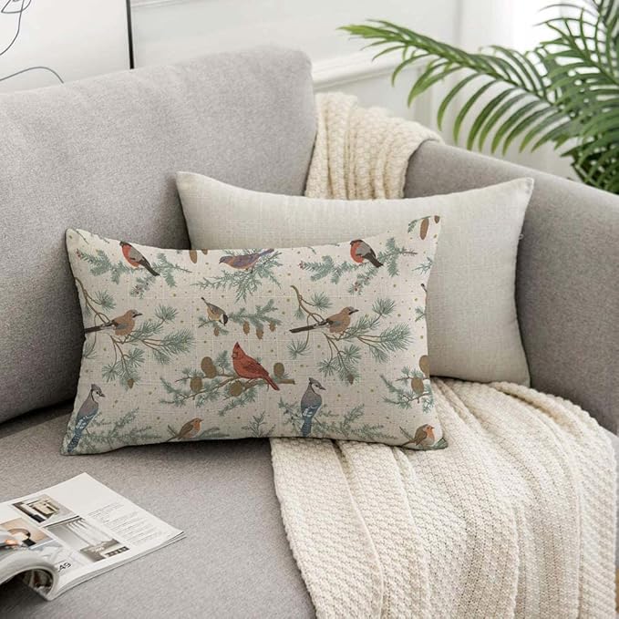 TKS MITLAN Winter Birds Pillow Covers 12 x 20 Inch Green Botanical Sparrow Red - Image 7